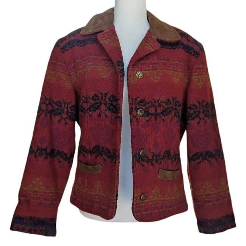 Vintage Woolrich Jacket Red Southwestern Aztec Suede Trim Wool USA Size S Button - Picture 4 of 10